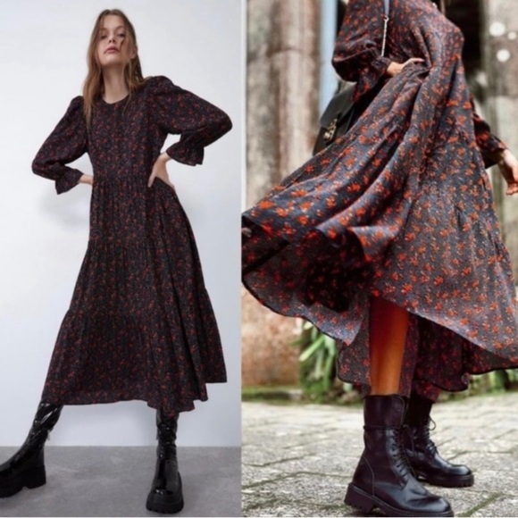 Zara Dresses & Skirts - Zara Maxi Long Sleeve Black Dress with Red & White Floral Design Dress Medium